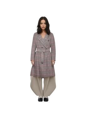 Iris Setlakwe designer wool blend pink blue beige houndstooth plaid trench coat